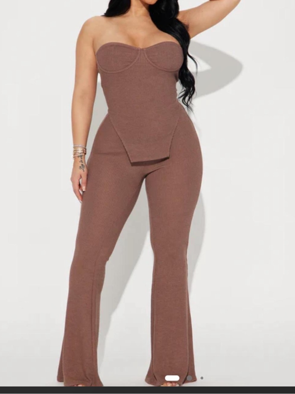 Fashion Nova Strapless Ribbed Corset Jumpsuit in Brown